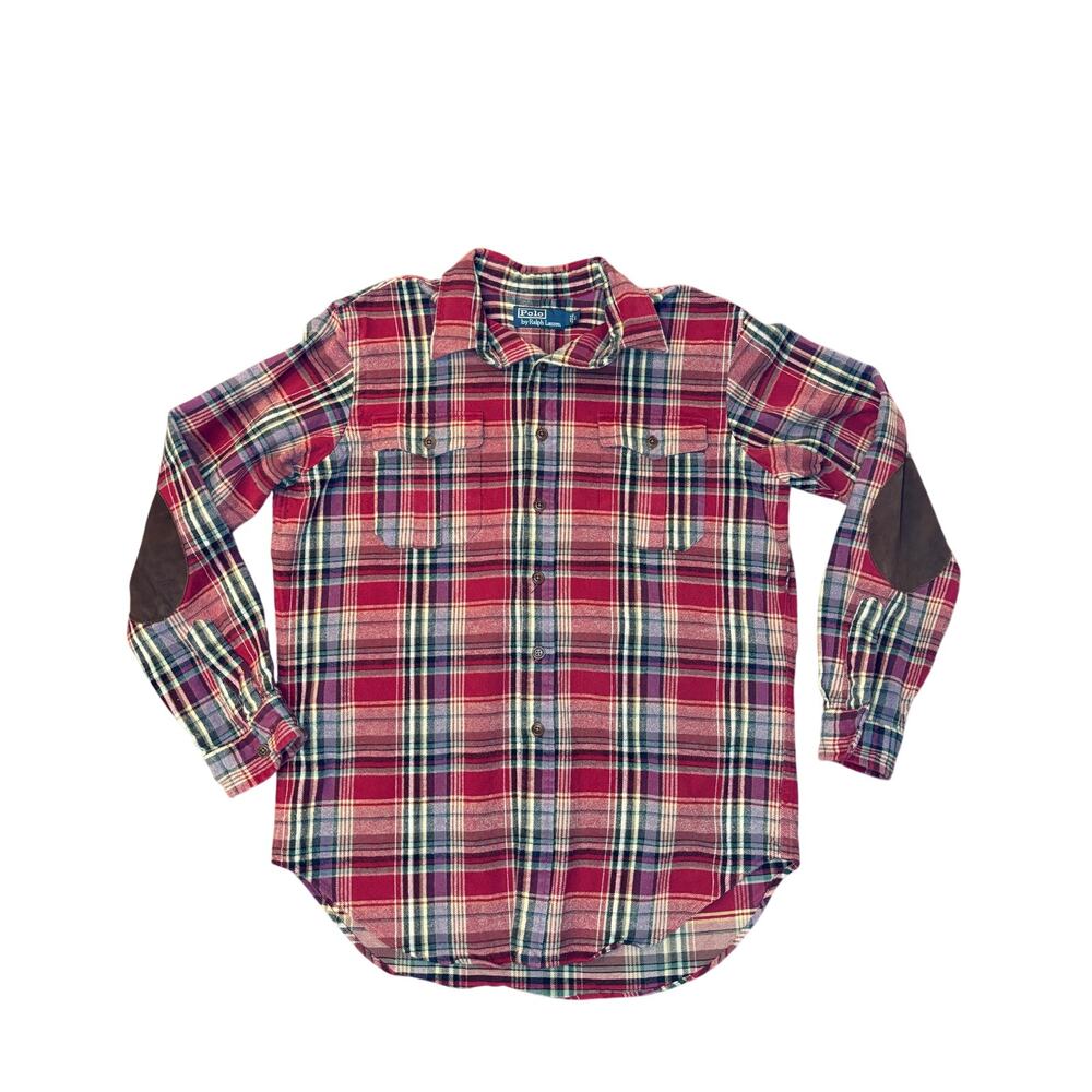 VTG Men Polo Ralph Lauren Plaid Checked Flannel Shirt Suede Elbow Patches size L